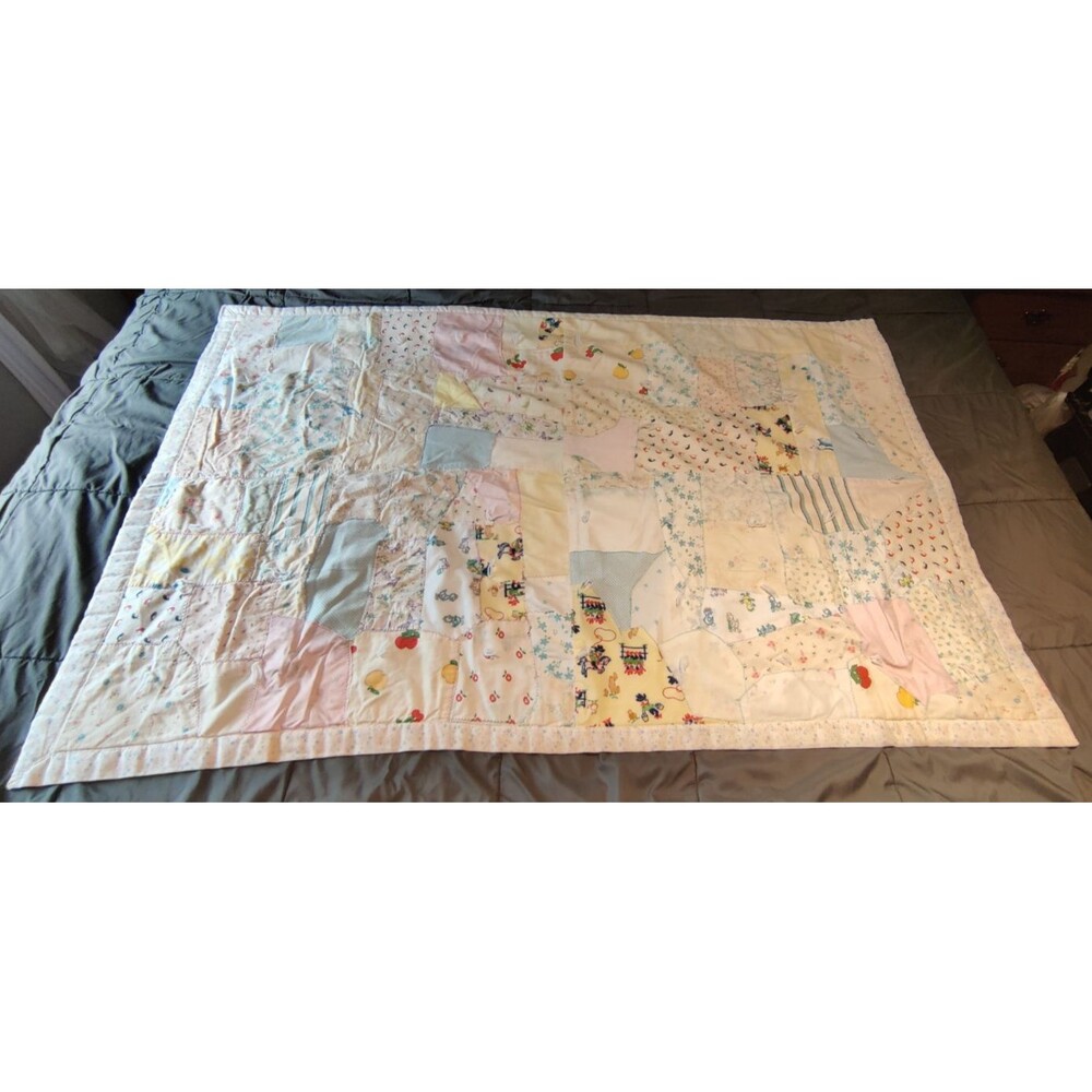 Vintage 1970s Handmade Tied Patchwork Baby Quilt Crib Blanket Nursery 55" x 36"